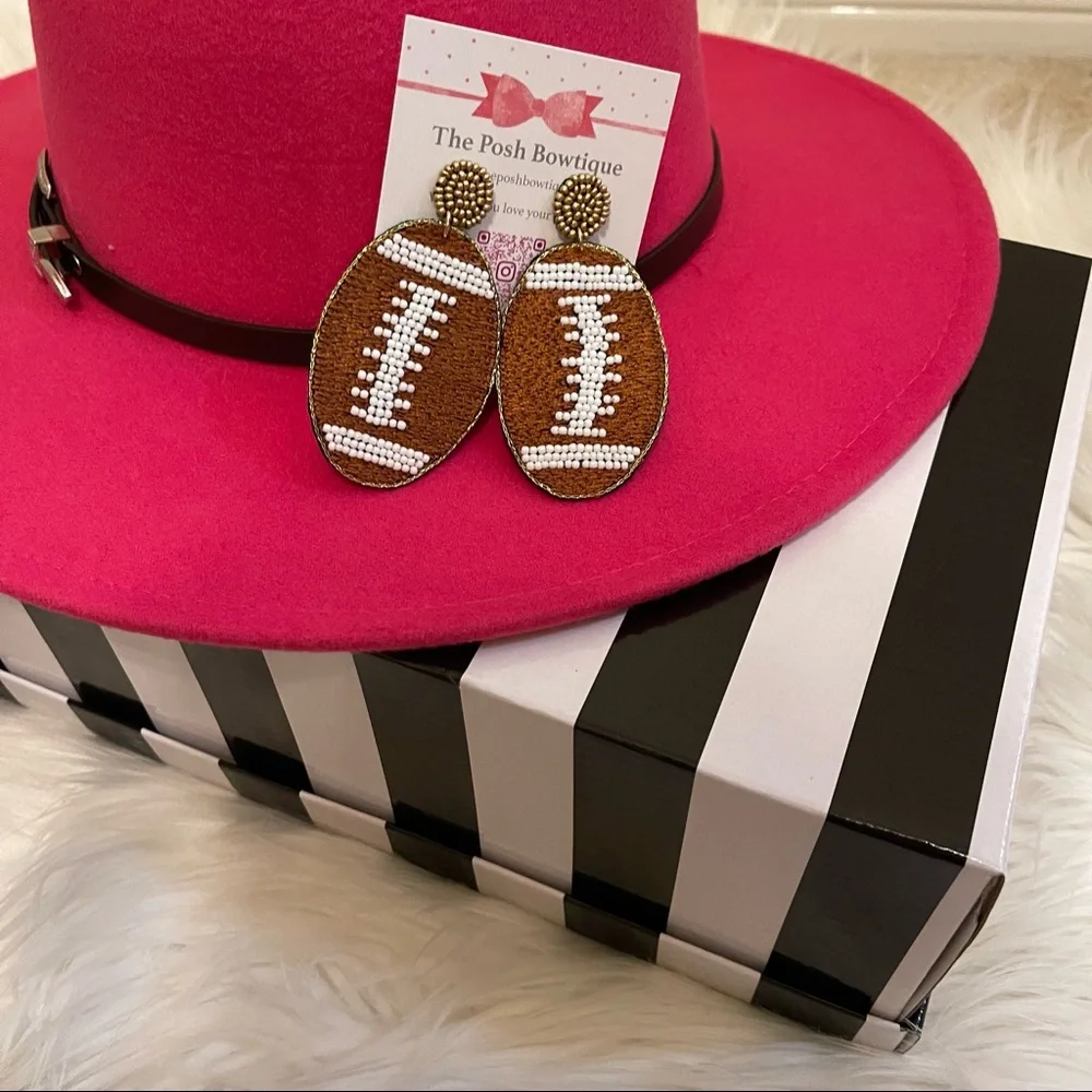 Football Seed Beaded Game Day Brown Oval Earrings with White Bead Laces - Picture 1 of 10